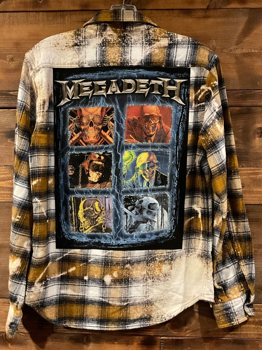 Custom MEGADETH "Vic Rattlehead" Distressed Grunge Plaid Flannel Shirt Men's SM